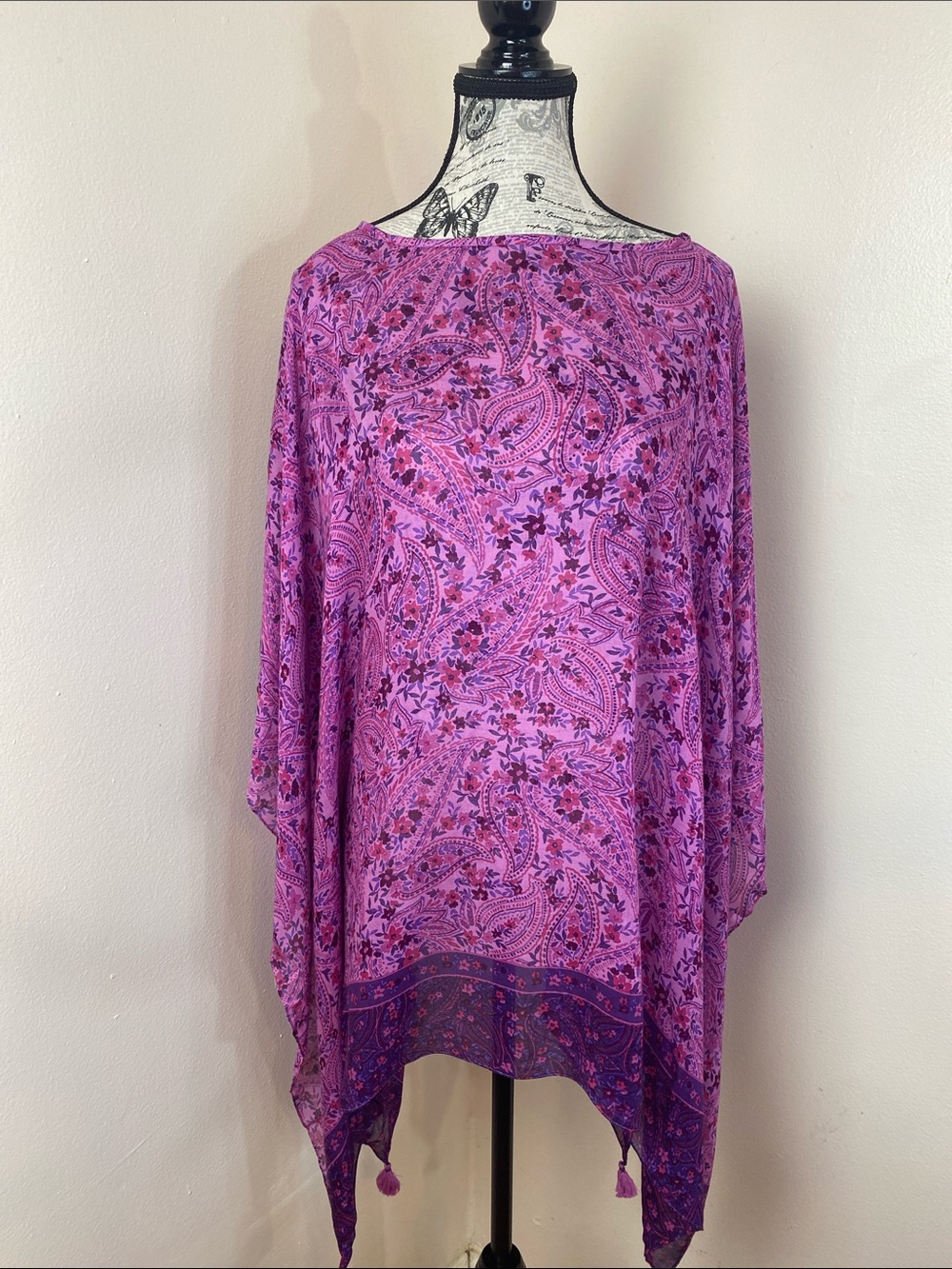 J. Jill XL-3X Pink Paisley Kimono Poncho Cover-Up | Boho Tassel hem